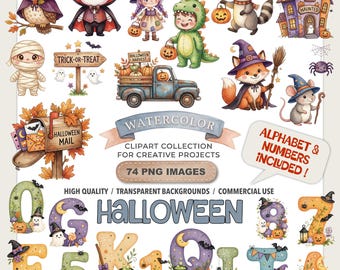 Imágenes prediseñadas de Halloween en acuarela: lindos personajes espeluznantes en formato PNG. Bruja, fantasma, calabaza, casa embrujada, otoño. Descarga digital.