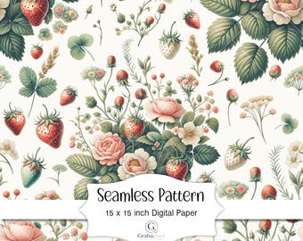 Strawberry Floral Seamless Pattern Digital Paper Cottagecore Botanical Watercolor Printable Background Paper