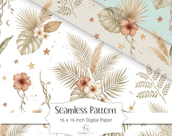 Boho Tropical Seamless Pattern Watercolor Hibiscus Palm Leaves Neutral Botanical Digital Paper Nursery Wallpaper Background Download