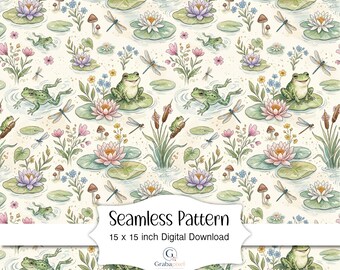 Estampado digital sin costuras de estanque de ranas, libélulas, estilo cottagecore, naturaleza boscosa, tela para álbum de recortes, papel de regalo impreso
