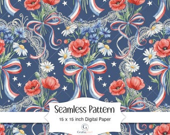 Patriotic Floral Seamless Pattern Americana Ribbon Bows Watercolor Wildflower Digital Paper Fourth Of July Background Download