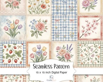 Vintage Floral Patchwork Seamless Pattern Cottagecore Digital Paper Shabby Chic Quilt Background Botanical Wallpaper Download
