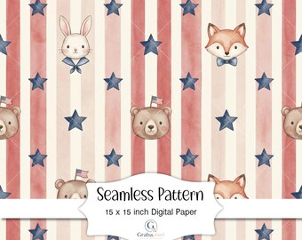 Patriotic Nursery Seamless Pattern Watercolor Woodland Animals American Striped Background Fourth July Digital Paper Wallpaper Download