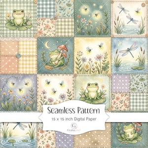 K&ouml;nnte beinhalten: Ein nahtloses digitales Papiermuster mit skurrilen Illustrationen von Fr&ouml;schen, Libellen und Gl&uuml;hw&uuml;rmchen. Das Design umfasst Patchwork-Quadrate mit Blumen- und Vichy-Mustern. Der Text lautet "Seamless Pattern" und "15 x 15 inch Digital Paper".