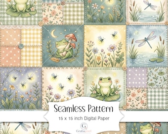 Frog Patchwork Seamless Pattern Cottagecore Digital Paper Watercolor Frog Quilt Pattern Nursery Scrapbook Background