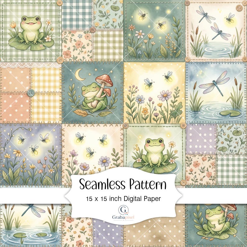 K&ouml;nnte beinhalten: Ein nahtloses digitales Papiermuster mit skurrilen Illustrationen von Fr&ouml;schen, Libellen und Gl&uuml;hw&uuml;rmchen. Das Design umfasst Patchwork-Quadrate mit Blumen- und Vichy-Mustern. Der Text lautet "Seamless Pattern" und "15 x 15 inch Digital Paper".