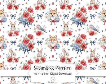 Patrón sin costuras de bosque patriótico, descarga digital, Americana Bunny Fox, Amapolas, Tela, Papel de scrapbooking, Impresión