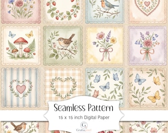 Cottagecore Patchwork Seamless Pattern Vintage Floral Digital Paper Shabby Chic Quilt Wallpaper Botanical Squares