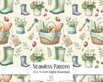 Patrón sin costuras de jardinería, descarga digital, estilo cottagecore, botas de jardín, cesta de picnic de fresas, tela floral, papel de regalo estampado