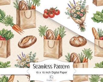 Farmers Market Seamless Pattern Digital Paper Cottagecore Grocery Bag Pattern Rustic Kitchen Scrapbook Background