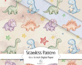 Cute Dinosaur Seamless Pattern Watercolor Nursery Digital Paper Pastel Dino Background Kids Fabric Scrapbook Wallpaper Download