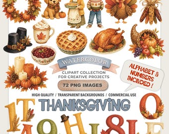 Imágenes prediseñadas de Acción de Gracias en acuarela: pavo, calabaza, otoño, cosecha, PNG, cena familiar, Acción de Gracias con amigos, descarga digital