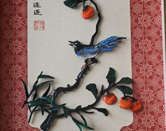 Arte cinese in ferro forgiato a mano / Gazza portafortuna - Quadro in metallo 3D con cachi / Decorazione da scrivania Feng Shui / Regalo culturale di gioia e successo
