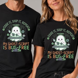 Spooky Gift for an IT Employees, Cute Halloween Ghost T-Shirt, Funny Coder Computer Developer Tee, Binary Ghost Script Bug Free Gift Shirt