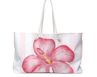 Pink Hibiscus Floral Weekender Bag | Striped Beach Tote