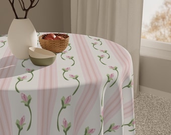 Pink Floral Stripe Tablecloth | Vintage Rose Vine Pattern