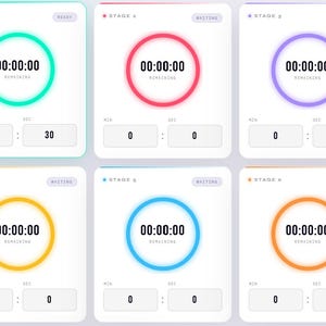May include: A digital interface showing six stages with timers. Each stage has a circular timer in a different colour: green, red, purple, yellow, blue, and orange. The timers display 00:00:00, with the first stage showing 30 seconds.