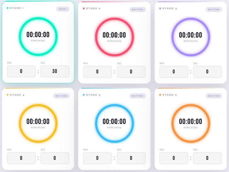 May include: A digital interface showing six stages with timers. Each stage has a circular timer in a different colour: green, red, purple, yellow, blue, and orange. The timers display 00:00:00, with the first stage showing 30 seconds.