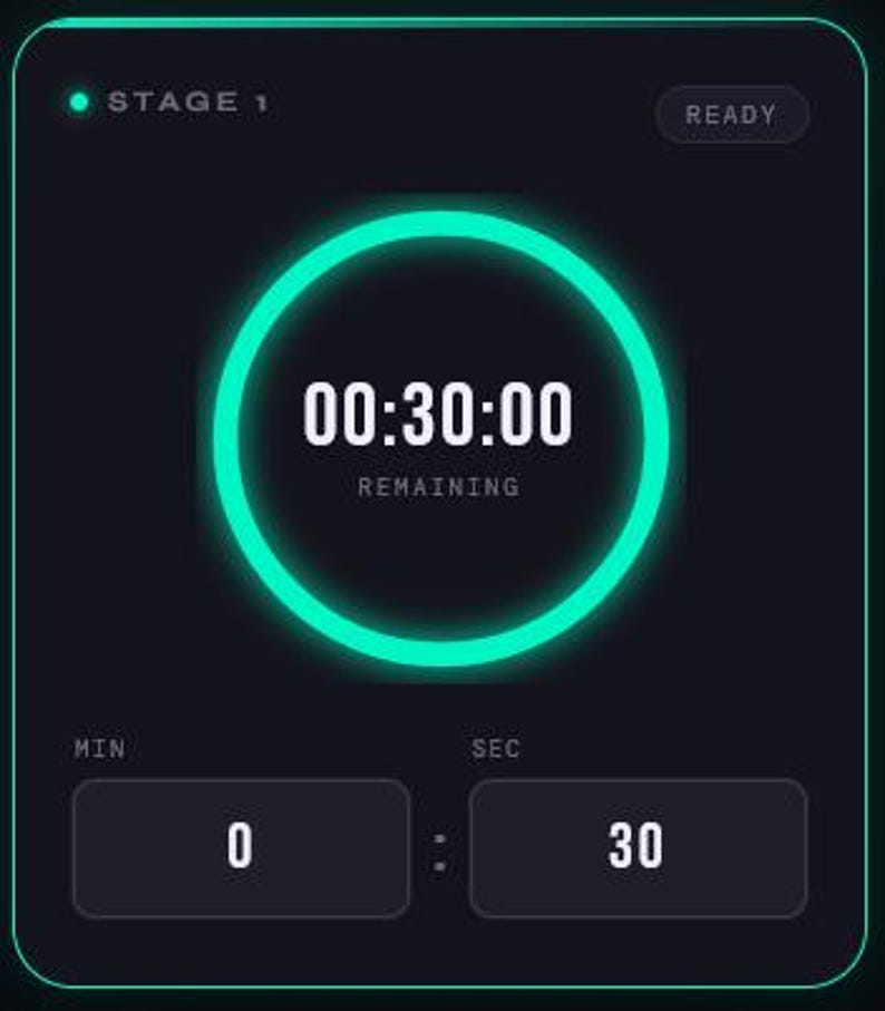 May include: A digital timer interface with a dark background and a glowing teal circular timer display. The timer shows "00:30:00 REMAINING" in white text. Below, the interface displays "0" for minutes and "30" for seconds. The word "READY" is displayed in the top right corner.