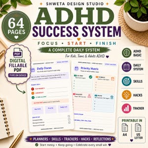 May include: A digital ADHD Success System planner with 64 pages, featuring a Daily Focus sheet and Priority Matrix. The document includes sections for tasks, scheduling, and tracking. It is a fillable PDF compatible with A4 and US Letter sizes.
