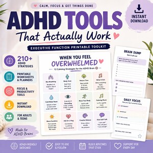 Può includere: Strumenti stampabili per ADHD per adulti e adolescenti. L'immagine presenta un toolkit con oltre 210 strategie, fogli di lavoro, pianificatori e strumenti di produttività. Include strategie calmanti, brain dump e modelli di focus giornaliero. Download immediato.