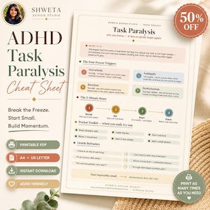 Paralysie des tâches liée au TDAH : document imprimable | Aide-mémoire sur les dysfonctionnements exécutifs | Stratégies d’adaptation au TDAH | Téléchargement numérique pour personnes neurodivergentes