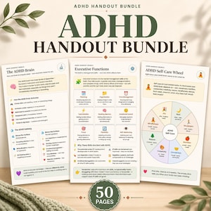 Könnte beinhalten: Ein ADHD Handout Bundle mit 50 Seiten an Bildungsinhalten. Drei Beispielblätter sind abgebildet, betitelt The ADHD Brain, Executive Functions und ADHD Self-Care Wheel, die Text, Symbole und ein kreisförmiges Selbstfürsorge-Diagramm enthalten.