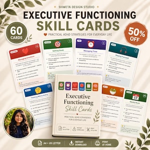 May include: A set of 60 Executive Functioning Skill Cards featuring practical ADHD strategies. The cards include topics like managing emotions, setting goals, managing time, and staying focused. The set includes a central card deck box.