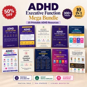 Puede incluir: Un paquete digital ADHD Executive Function Mega Bundle que incluye 10 recursos imprimibles, como un sistema de acción, planificador diario, libro de ejercicios, kit de gestión del tiempo, cuestionario de detección, kit de apoyo y tarjetas de habilidades.