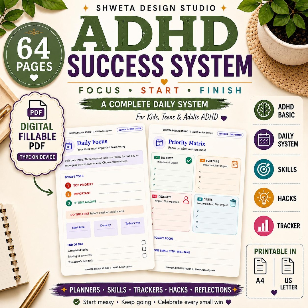 Buy ADHD Success System Workbook 2026. Daily Focus Planner. Executive ...