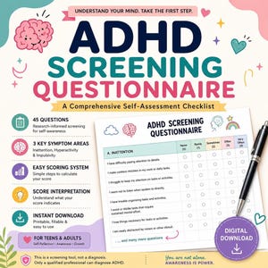 ADHD Worksheets for Adults | Symptom Tracker & Self Assessment Printable PDF, Emotional Regulation