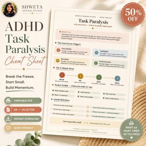Taakverlamming ADHD Printbare handleiding | Spiekbriefje voor executieve disfunctie | Omgaan met ADHD | Neurodivergente digitale download