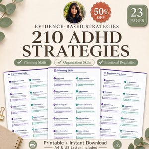 ADHD Executive Functioning Worksheets, 210 Strategies for Adults & Teens, Neurodivergent Therapy Printable