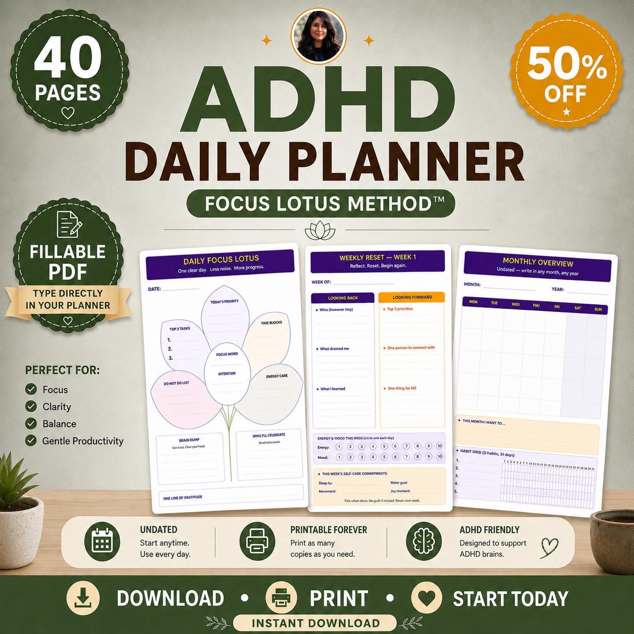 ADHD Daily Planner — Focus Lotus printable planner for adults