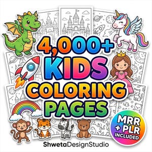 Può includere: Una raccolta di pagine da colorare per bambini con varie illustrazioni, tra cui un drago, un razzo, un unicorno, una principessa e animali. Il testo recita "4,000+ KIDS COLORING PAGES" con colori vivaci. L'immagine include anche il testo "ShwetaDesignStudio".