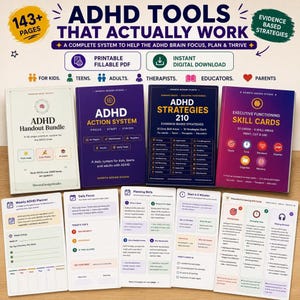 ADHD Executive Functioning Toolkit, Therapy Worksheets, Planner & Flash Cards, Neurodivergent