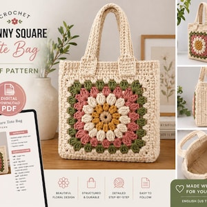 Op de afbeelding: Een crèmekleurige gehaakte tote bag met een bloemen granny square design in het midden. De tas heeft stevige handvatten en de tekst "GRANNY SQUARE Tote Bag PDF PATTERN" is zichtbaar. Het ontwerp bevat roze, groene en gele accenten.