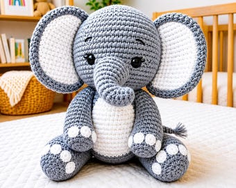 Patrón de ganchillo de elefante bebé en PDF, tutorial de amigurumi para juguete de peluche, color gris y blanco.