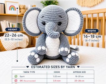 Schema PDF per realizzare un elefantino all'uncinetto, un amigurumi, un peluche grigio e bianco.