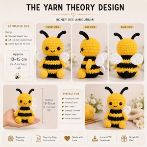 May include: A crochet honey bee amigurumi pattern guide titled The Yarn Theory Design. The image displays front, side, and back views of a yellow and black striped bee with white wings, safety eyes, and antennae, measuring 5-6 inches tall.