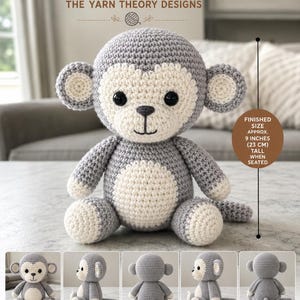 May include: A crocheted baby monkey amigurumi pattern. The finished size is approximately 9 inches tall when seated. The monkey is gray and cream-colored with black eyes. The pattern is a digital PDF with instant download.