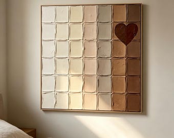 Neutrales 3D-Gitter, schwere pastose Herzmalerei, Wabi Sabi Schlafzimmer Leinwand, moderne Erdton-Texturwanddekoration