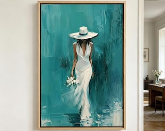 Large Canvas Art, Teal Impasto Woman Painting, Coastal Glamour Decor, Boutique Hotel Wall Art
