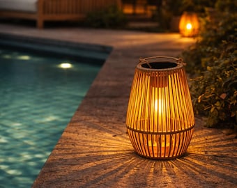Linterna solar japonesa de bambú para exteriores, luz de jardín impermeable para patio.
