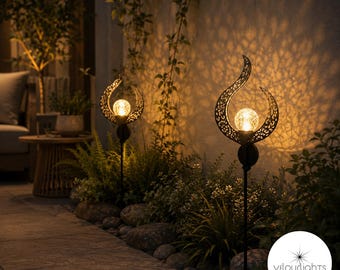 Solar Crescent Flame Garden Light with Crackle Glass Warm Glow
