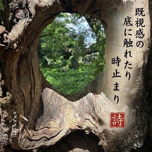 以下が含まれることがあります： 自然な木のフレームに丸い穴があり、緑豊かな風景が見える。画像には日本語のテキストと英語のフレーズ「Touching the deep end of a long-forgotten memory, time stands still」が含まれています。