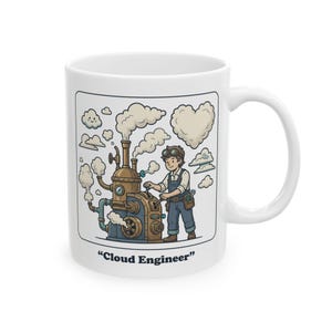 May include: White ceramic mug featuring a cartoon illustration of a cloud engineer operating a steampunk-style machine. The design includes clouds, a heart-shaped cloud, and the text "Cloud Engineer".
