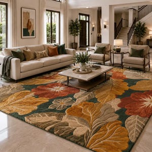 May include: A large rectangular area rug featuring a deep forest green background with a prominent botanical pattern of oversized, textured flowers and leaves in shades of burnt orange, mustard yellow, beige, and muted brown throughout the surface.