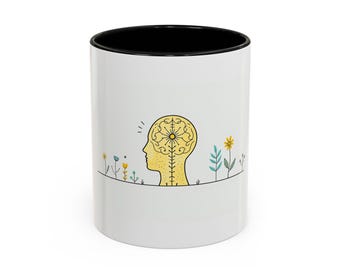 11oz White Mug, Mental Health Line Art Design, Wellness Illustration