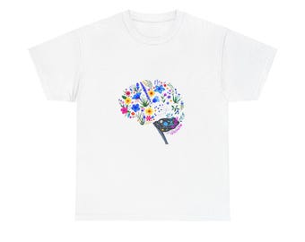 Anatomical Brain T-Shirt – Floral Left Hemisphere, Line Art Right Hemisphere